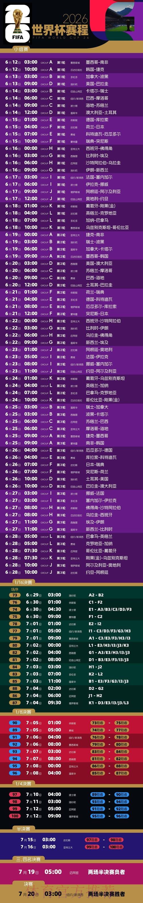 2026世界杯赛程一览高清直播免费观看